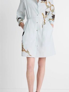 Vince Pale Blue Floral-Accent Shirt Mini Dress size S New without belt